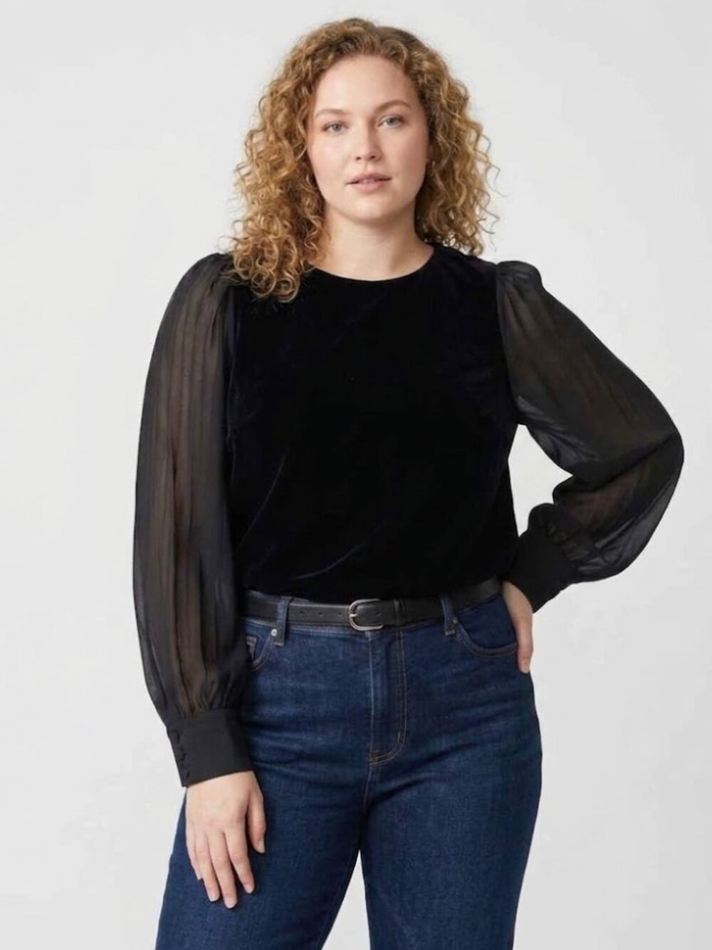 J.Crew Velvet Puff Sleeve Top Black Blouse 3X Plus Size